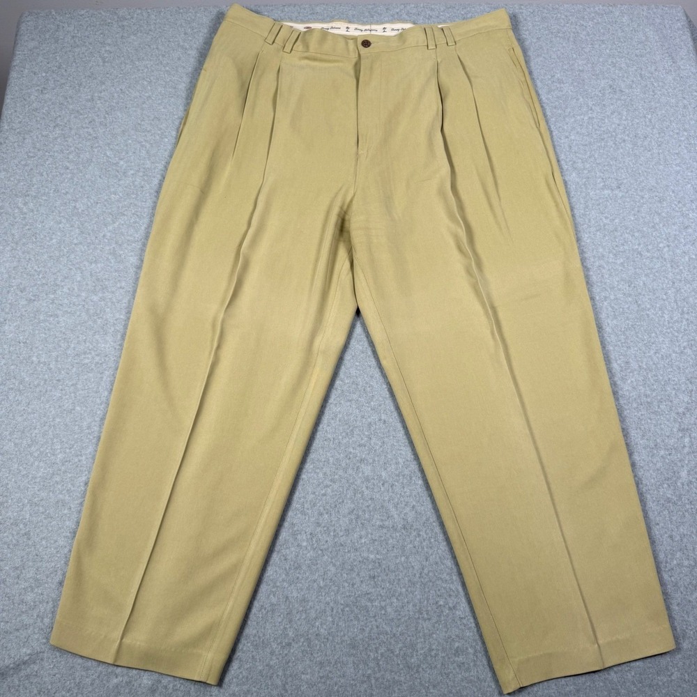 Tommy Bahama Mens 42 100% Silk Pleated Herringbone Dress Pants Tan Khaki Relaxed